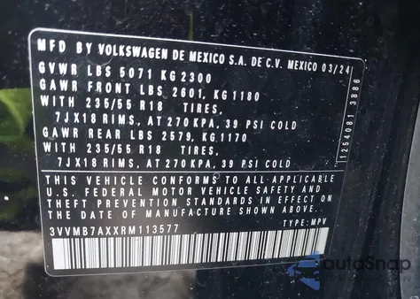 2024 Volkswagen Tiguan 2.0T Se/2.0T Wolfsburg Edition из США, поврежденный, VIN 3VVMB7AXXRM113577